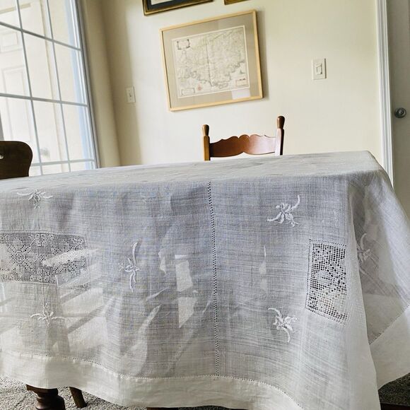 Vintage Tablecloth Floral Embroidered Handmade White Drawnwork 62x78” - Picture 8 of 10